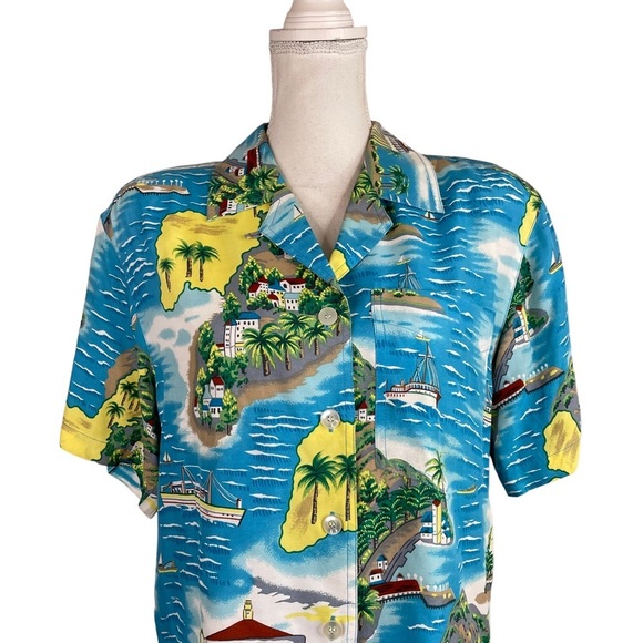 Vintage Liz Sport 80s 90s Hawaiian Button Down Shirt Resort Blue Summer Island - Picture 2 of 7